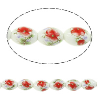 Kunstdruck Porzellan Perlen, oval, mit Blumenmuster, 15x11mm, Bohrung:ca. 3mm, Länge:ca. 14 ZollInch, ca. 23PCs/Strang, verkauft von Strang