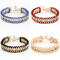 Chain Woven Bracelets, Zinc Alloy, with Velveteen, with 1.5Inch extender chain, gold color plated, with rhinestone 14mm Approx 7.4 Inch 