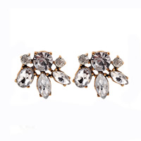 Zinc Alloy Stud Earring, with Resin Rhinestone, iron post pin, Leaf, antique gold color plated, Bohemian style & faceted 