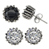 Stainless Steel Cubic Zirconia Stud Earring, Flat Round, with cubic zirconia & blacken 