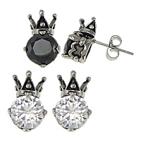 Stainless Steel Cubic Zirconia Stud Earring, Crown, with cubic zirconia & blacken 
