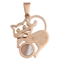 Stainless Steel Animal Pendants, with Freshwater Shell, Cat, rose gold color plated, with rhinestone Approx 
