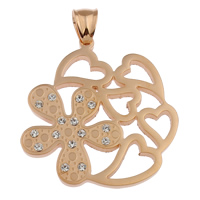 Stainless Steel Flower Pendant, rose gold color plated, with rhinestone Approx 