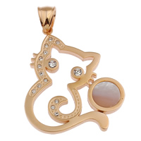 Stainless Steel Animal Pendants, with Freshwater Shell, Cat, rose gold color plated, natural & with rhinestone Approx 