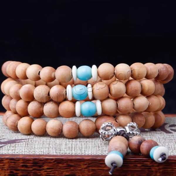 108 Mala Beads, Sandalwood, with Elastic Thread & Synthetic Turquoise & Resin & Zinc Alloy, antique silver color plated, Buddhist jewelry & different size for choice & 4-strand, 108PCs/Strand, Sold By Strand