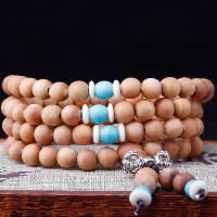 108 Mala Beads, Sandalwood, with Elastic Thread & Synthetic Turquoise & Resin & Zinc Alloy, antique silver color plated, Buddhist jewelry &  