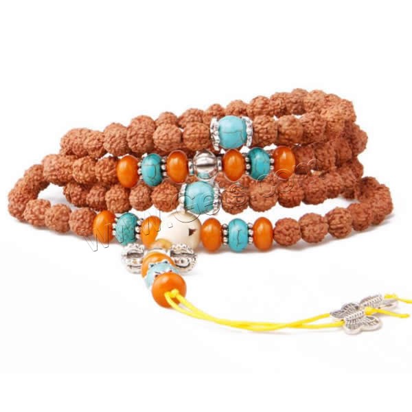 108 Mala Beads, Rudraksha, with Elastic Thread & Nylon Cord & Synthetic Turquoise & Resin, antique silver color plated, Buddhist jewelry & different size for choice & 4-strand, 10mm, 108PCs/Strand, Sold By Strand