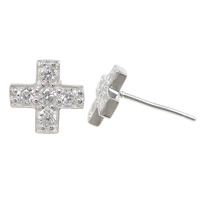 Cubic Zirconia Micro Pave Sterling Silver Earring, 925 Sterling Silver, Cross, without earnut & micro pave cubic zirconia 0.8mm 