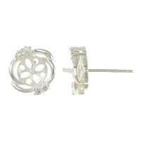 Sterling Silver Earring Stud Component, 925 Sterling Silver, Flower, plated, with cubic zirconia 0.8mm 