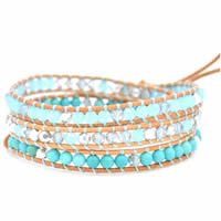 Wrap Bracelets, Cowhide, with Natural Turquoise & Crystal, stainless steel clasp, adjustable &  & faceted, 4mm Approx 20-24 Inch 