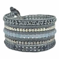 Wrap Bracelets, Cowhide, with Grey Agate & Crystal & Zinc Alloy, stainless steel clasp, plated, adjustable &  & faceted, 4mm Approx 33.5-37 Inch 