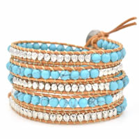 Wrap Bracelets, Cowhide, with Synthetic Turquoise & Zinc Alloy, stainless steel clasp, platinum color plated, adjustable & , 4mm Approx 33.5-37 Inch 