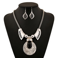 Fashion Zinc Alloy Jewelry Sets, earring & necklace, with Resin, brass earring hook, with 1lnch extender chain, Teardrop, antique silver color plated, mesh chain & faceted & hammered  125mm Inch 