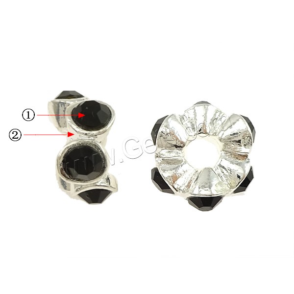 Rondelle Rhinestone Spacer, Zinc Alloy, plated, with rhinestone, more colors for choice, 6.5x15.5mm, Hole:Approx 5mm, Sold By PC