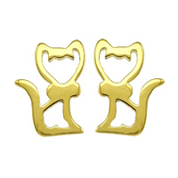 Stainless Steel Stud Earring, Cat, gold color plated 