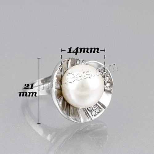 Glass Pearl Zinc Alloy Finger Ring, with Glass Pearl, platinum color plated, different size for choice & with rhinestone, 14mm,21mm, Sold By PC