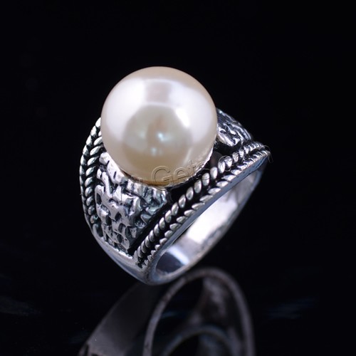 Anillo de dedo de cristal perla Zinc aleación, aleación de zinc, con Perlas de vidrio, chapado en color de plata antigua, diverso tamaño para la opción, 24x25mm, Vendido por UD