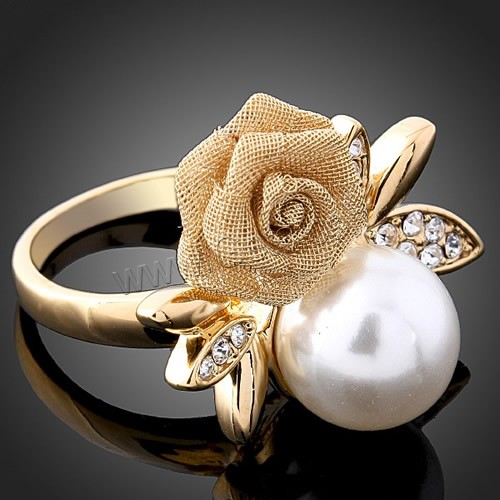 Glass Pearl Zinc Alloy Finger Ring, with Glass Pearl, Flower, plated, different size for choice & with rhinestone, more colors for choice, 28x20mm, Sold By PC