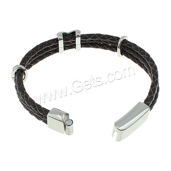 Cowhide Bracelets, with 316 Stainless Steel, different length for choice, more colors for choice, 34x14x8mm,15.5x17x8mm,6x15.5x10.5mm,4mm, Sold By Strand