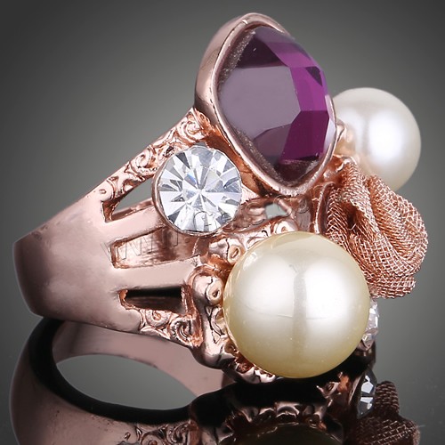 Стеклянный жемчуг цинка сплав палец кольцо, цинковый сплав, с Стеклянный жемчуг, плакированный цветом розового золота, разный размер для выбора & со стразами, 25x25mm, продается PC