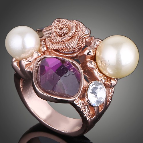 Glass Pearl Zinc Alloy Finger Ring, with Glass Pearl, rose gold color plated, different size for choice & with rhinestone, 25x25mm, Sold By PC
