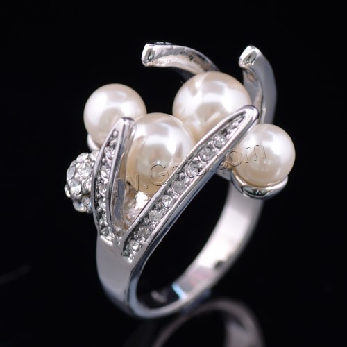 Glass Pearl Zinc Alloy Finger Ring, with Glass Pearl, platinum color plated, different size for choice & with rhinestone, 24x24mm, Sold By PC