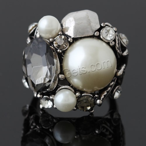 Glass Pearl Zinc Alloy Finger Ring, with Crystal & Glass Pearl, antique silver color plated, different size for choice & faceted & with rhinestone, 26x26mm, Sold By PC