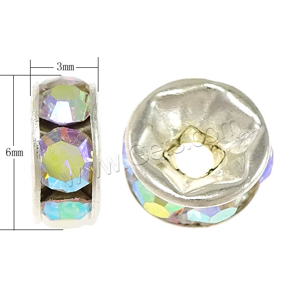 Espaciador de la forma rueda del diamante de imitación, metal, Toroidal, chapado, con diamantes de imitación de Mideast, más colores para la opción, Grado A, 3x6mm, agujero:aproximado 1.3mm, 100PCs/Bolsa, Vendido por Bolsa