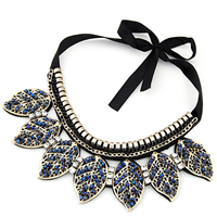 Fashion Statement Necklace, Zinc Alloy, with Non-woven Fabrics & Satin Ribbon, Leaf, gold color plated, with rhinestone Approx 15.7 Inch 