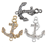 Rhinestone Zinc Alloy Connector, Anchor, plated, nautical pattern & with rhinestone & 1/1 loop Approx 2.6mm 