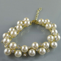 Pulseras de perlas plásticas, aleación de zinc, con Perlas plásticas, con 1.5Inch extender cadena, chapado en color dorado, con diamantes de imitación, 20mm, longitud:aproximado 7.8 Inch, Vendido por Sarta