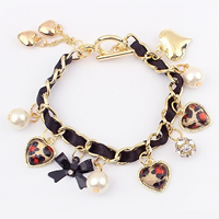 Chain Woven Bracelets, Zinc Alloy, with Grosgrain Ribbon & Plastic Pearl & Acrylic, gold color plated, charm bracelet & epoxy gel & with rhinestone, 10mm Approx 7.8 Inch 