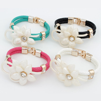 PU Leather Cord Bracelets, Zinc Alloy, with PU Leather & Shell, Flower, rose gold color plated, with rhinestone 58mm Approx 7.8 Inch 