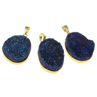 Natural Quartz Druzy Pendants, with brass bail, Oval, gold color plated, blue, 14-47mm Approx 