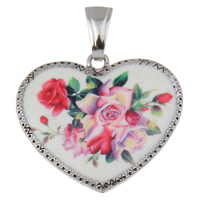 Zinc Alloy Heart Pendants, antique silver color plated, with flower pattern & enamel, nickel, lead & cadmium free Approx 