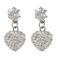 Stainless Steel Drop Earring, with Cubic Zirconia & Rhinestone Clay Pave, Heart, original color, 22mm  