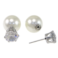 Double Faced Stud Earring, Stainless Steel, with Resin Pearl, with cubic zirconia, original color, 20mm, 11.5mm 