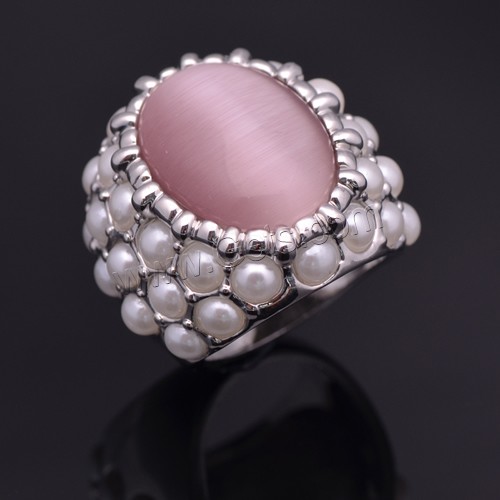 Cats Eye Zinc Alloy Finger Ring, with Cats Eye & Glass Pearl, platinum color plated, different size for choice, more colors for choice, 28x28mm, Sold By PC