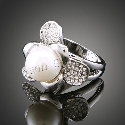 Glass Pearl Zinc Alloy Finger Ring, with Glass Pearl, Flower, platinum color plated, different size for choice & for woman & with rhinestone, 24x24mm, Sold By PC