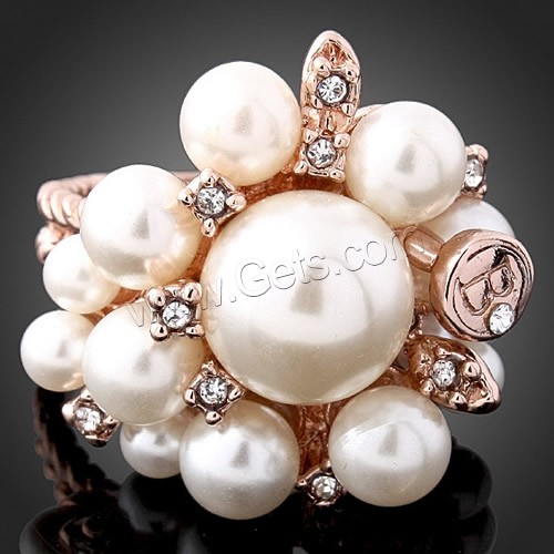 Glass Pearl Zinc Alloy Finger Ring, with Glass Pearl, Flower, rose gold color plated, different size for choice & with rhinestone, 22x23mm, Sold By PC
