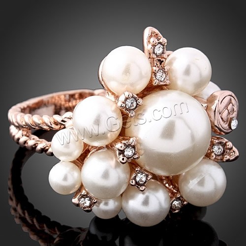 Glass Pearl Zinc Alloy Finger Ring, with Glass Pearl, Flower, rose gold color plated, different size for choice & with rhinestone, 22x23mm, Sold By PC