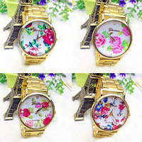 Women Wrist Watch, Zinc Alloy, with Glass, Chinese movement, gold color plated & with flower pattern & for woman & with rhinestone 22mm Approx 9 Inch 