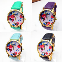 Women Wrist Watch, Zinc Alloy, with PU Leather & Glass, Chinese movement, plated, adjustable & with flower pattern & for woman & with rhinestone 20mm Approx 9 Inch 