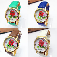 Women Wrist Watch, Zinc Alloy, with PU Leather & Glass, Chinese movement, plated, adjustable & with flower pattern & for woman 20mm Approx 9 Inch 