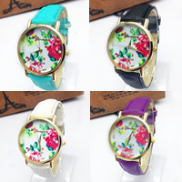 Women Wrist Watch, Zinc Alloy, with PU Leather & Glass, Chinese movement, plated, adjustable & with flower pattern & for woman & with rhinestone 20mm Approx 9 Inch 