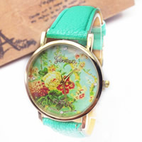 Women Wrist Watch, Zinc Alloy, with PU Leather & Glass, Chinese movement, plated, adjustable & with flower pattern & for woman & with rhinestone, turquoise blue 20mm Approx 9 Inch 