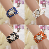 Fashion Watch Bracelet, Zinc Alloy, with PU Leather & Glass, Chinese movement, gold color plated, with rivet stud & adjustable & for woman & with rhinestone 30mm, 20-50mm Approx 12 Inch 