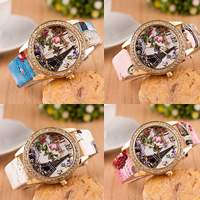 Women Wrist Watch, Zinc Alloy, with PU Leather & Glass, Chinese movement, plated, adjustable & with flower pattern & for woman & with rhinestone 40mm, 20mm Approx 9.4 Inch 