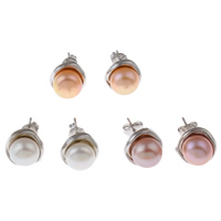 Freshwater Pearl Stud Earring, brass post pin, Dome, platinum color plated, natural 7-8mm 