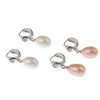 Huggie Hoop Drop Earring, Freshwater Pearl, brass huggie hoop, Teardrop, platinum color plated, natural & with rhinestone 9-10mm 